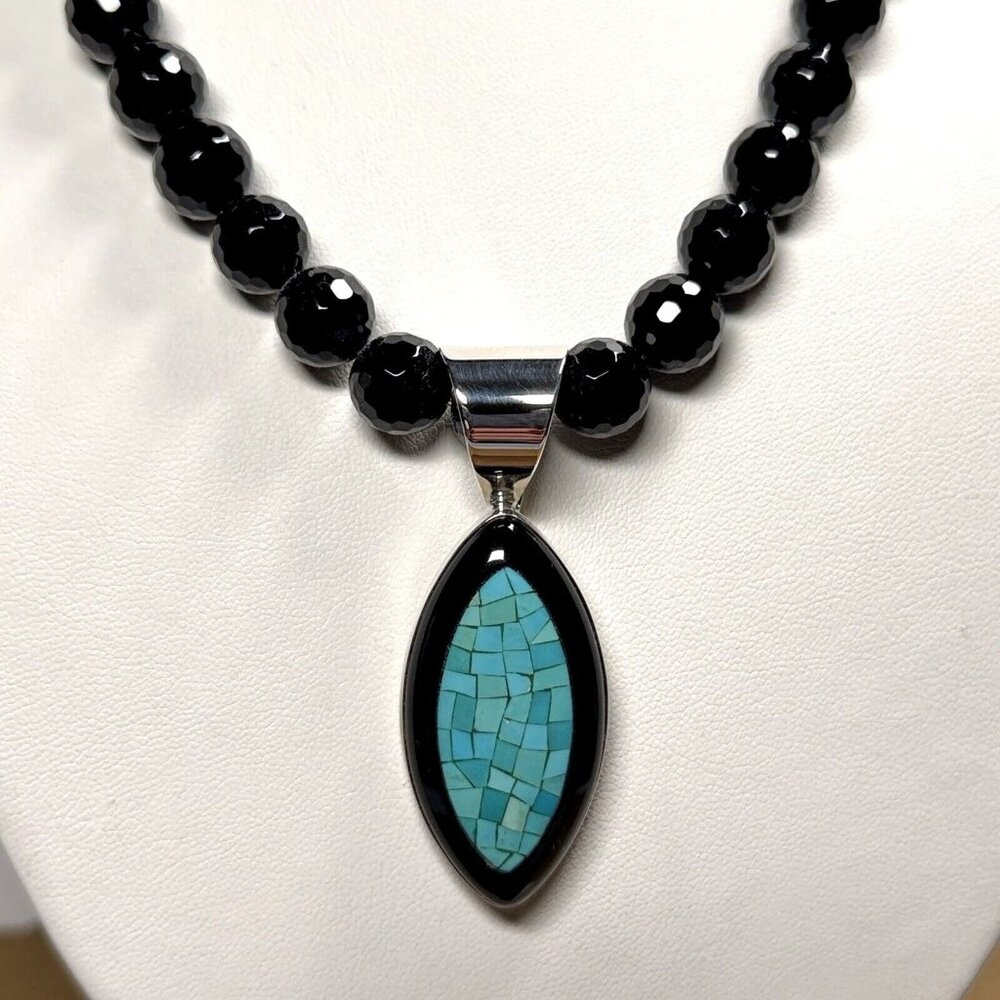 Jay King Black Chalcedony & Turquoise Necklace Mosaic Pendant Sterling Silver - Picture 4 of 11